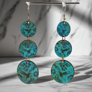 Solid Copper Patina Hummingbird Earrings, Graduated Verdigris Drop Earrings, 3-Tier Circular Etched Copper Earrings