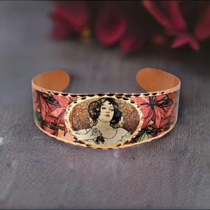 Alphonse Mucha Copper Cuff Bracelet: Ruby Art Nouveau Jewelry image 1