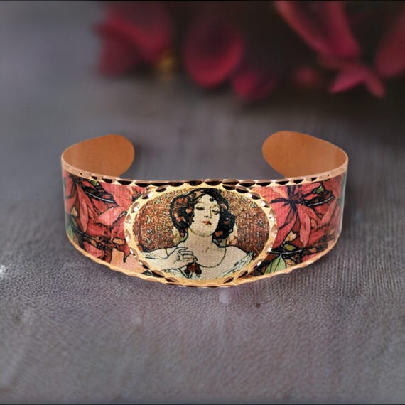 Alphonse Mucha Copper Cuff Bracelet: Ruby Art Nouveau Jewelry