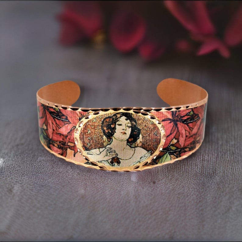 Alphonse Mucha Copper Cuff Bracelet: Ruby Art Nouveau Jewelry image 1