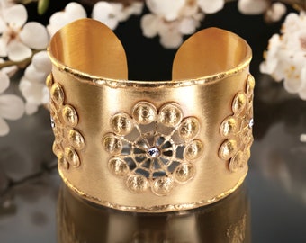 Solid Brass Statement Cuff Bracelet With Cutouts & Rhinestones, Luxury Polished  Brass Cuff With Hammered Puffed Circles and Molded Edging
