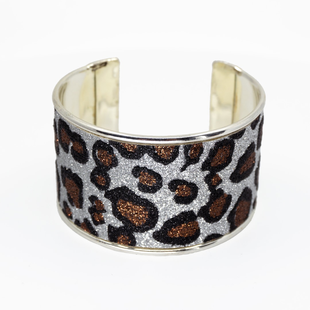 Leopard Cuff Bracelet, Faux Leather Cuff, Glitter Cuff Bracelet, Silver