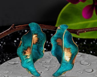 Mini Verdigris Patina Copper Leaf Post & Dangle Earrings: Asymmetrical Rustic Jewelry