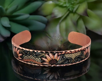 Western SUNFLOWERS Cuff Bracelet, Native Art Bracelet, Sunflower Jewelry, Floral Copper Art Cuff, Western Jewelry, Handmade Copper Cuff