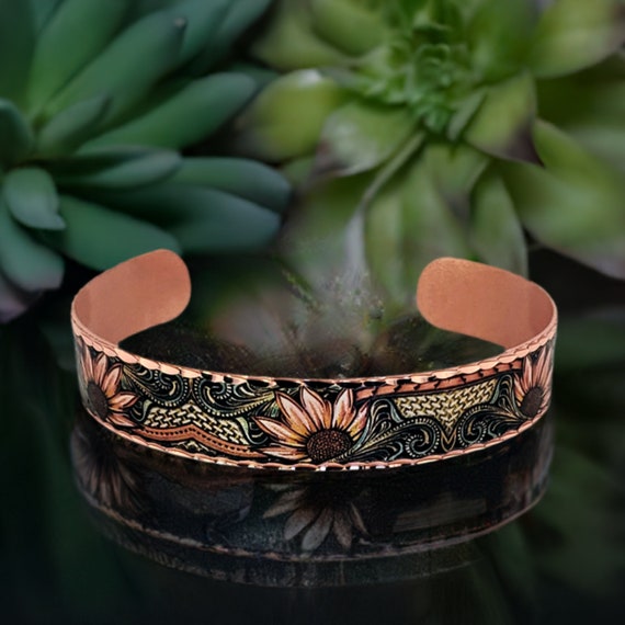 Western SUNFLOWERS Cuff Bracelet Native Art Bracelet Sunflower Jewelry Floral Copper Art Cuff Western Jewelry Handmade Copper Cuff Etsy UK