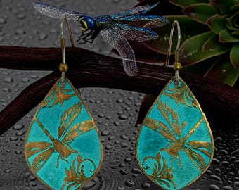 Flora & Fauna Copper Earrings, Dragonfly Teardrop Verdigris Dangle Style