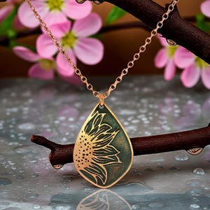 Etched Copper Sunflower Pendant: Antique Patina, Copper Snake or Cable chain