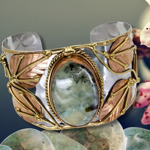Chunky MOSS AGATE Gemstone Cuff, Statement Bracelet, Mixed Metal Jewelry, Artisan Cuff Bracelet, Wide Cuff Bracelet, Stainless Steel Cuff