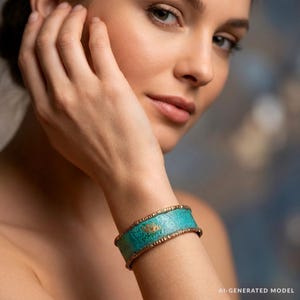 A close-up portrait of a woman wearing a turquoise-colored bracelet, with her hand resting on her face.