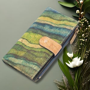 Portefeuille GREEN WAVES en liège portugais, Portefeuille en liège végétalien, Portefeuille en liège naturel, Accessoires en liège, Portefeuille, Portefeuille en liège à fermeture éclair