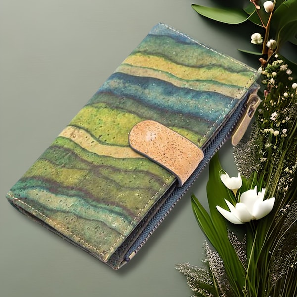 Portuguese Cork GREEN WAVES Wallet, Vegan Cork Wallet, Natural Cork Wallet, Cork Accessories, Wallet, Zippered Cork Wallet