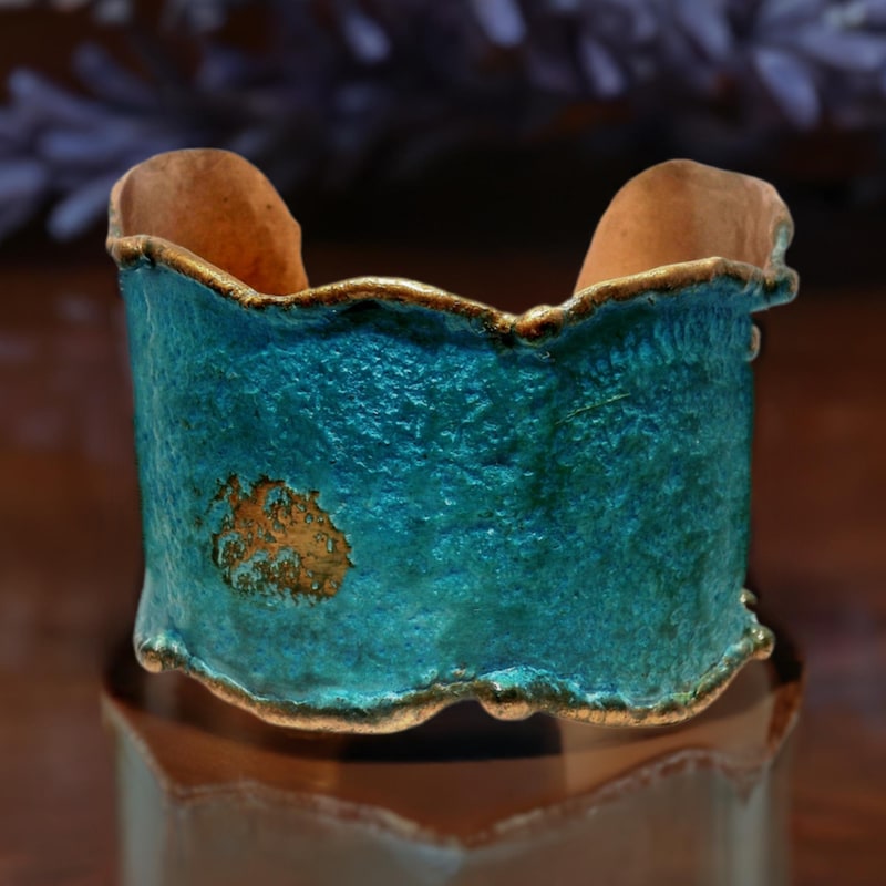 Solid Copper Statement Patina Cuff Bracelet With Molten Copper Edging, Verdigris Rustic Patina Luxury Copper Cuff Bracelet