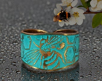 Bumblebee Cigar Band Ring: Rustic Verdigris Copper Ring (Handmade Adjustable)