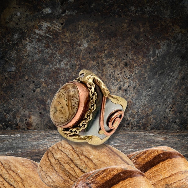 Mixed Metal Ring, PICTURE JASPER Gemstone Ring, Statement Ring, Artisan Gemstone Ring, Wide Cuff Ring, Adjustable Cuff Ring
