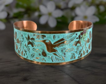 Solid Copper Patina Cuff Bracelet With Hummingbird & Floral Motif, LIGHT Verdigris Rustic Patina Tapered FLAT Copper Cuff Bracelet