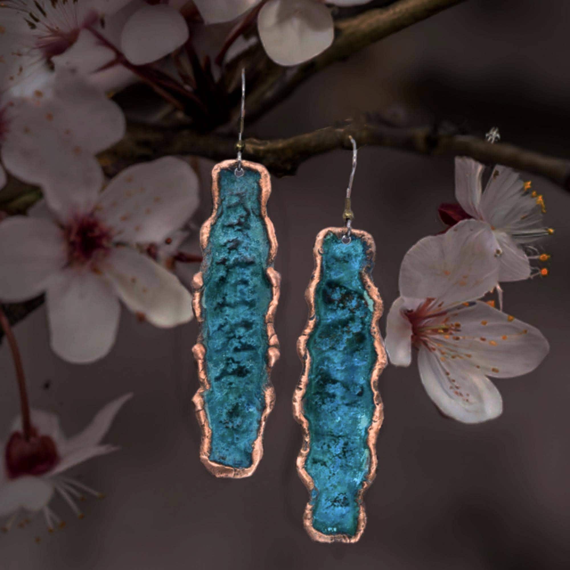 Solid Copper Patina Dangle Earrings, Pure Copper Rustic Verdigris Copper Earrings