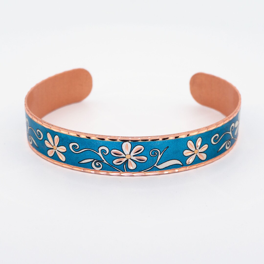 FLOWER Bracelet, Blue Flower Bracelet, Art Bracelet, Handcrafted Copper