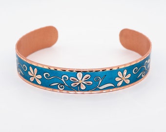 FLOWER Bracelet, Blue Flower Bracelet, Art Bracelet, Handcrafted Copper Bracelet Pure Copper & Colorful Artwork, Adjustable Copper Bracelet
