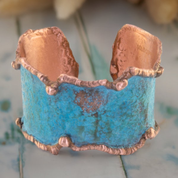 Solid Copper Statement Patina Cuff Bracelet With Molten Copper Edging, Verdigris Rustic Patina Luxury Copper Cuff Bracelet