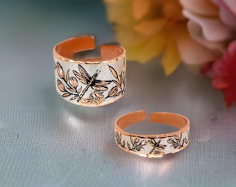 Dragonfly Copper Cuff Ring: Floral Art Jewelry