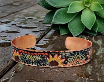 Western Sunflower Copper Cuff Bracelet: Native Art Jewelry