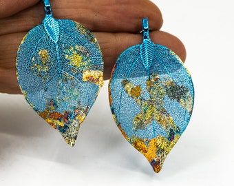 Natural Leaf Earrings, Real Leaves TEAL Earrings, Real Leaf Earrings, Gold Leaf Jewelry, Fall Wedding Jewelry, Bridesmaid Gifts, Leaves