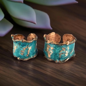 Rustic Copper Cuff Ring: Verdigris Patina, Handmade Sizes 7-12