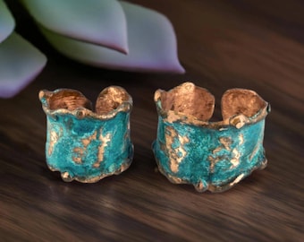 Copper Cuff Ring, Patina Ring, Verdigris Ring, Handmade Molten Copper Statement Band, Rustic Edging, Sizes 7-12, Unique Gift