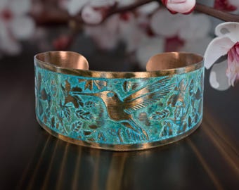 Solid Copper Patina Cuff Bracelet With Hummingbird & Floral Motif, DARK Verdigris Rustic Patina Tapered FLAT Copper Cuff Bracelet