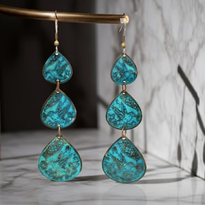 Solid Copper Patina Hummingbird Earrings, Graduated Verdigris Drop Earrings, 3-Tier Teardrop Etched Copper Earrings