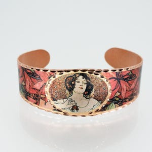 Alphonse Mucha Copper Cuff Bracelet: Ruby Art Nouveau Jewelry image 2