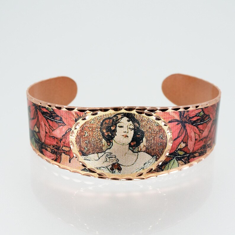 Alphonse Mucha Copper Cuff Bracelet: Ruby Art Nouveau Jewelry image 2