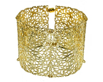Gold Filigree Cuff Bracelet: Magnetic Brass Lacy Bracelet