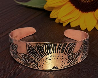 Copper Cuff Bracelet: Etched Sunflower Design - Rustic Patina Finish