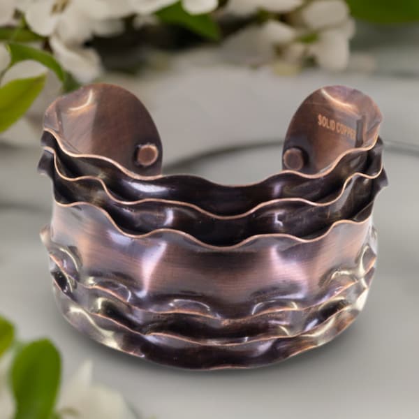 Luxury Solid Copper Statement Cuff Bracelet With Ruffled Edges, Fancy Triple-Layered Antiqued Copper Cuff With Ruffled Edges, Men and Women