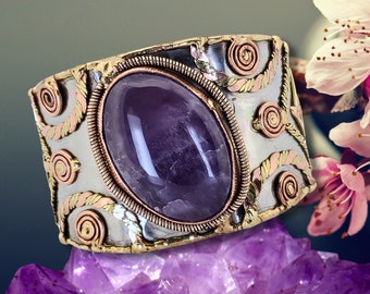 Chunky Mixed Metal Jewelry, AMETHYST Gemstone Cuff, Statement Cuff Bracelet, Artisan Cuff Bracelet, Wide Cuff Bracelet, Stainless Steel Cuff