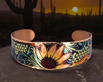 Western Sunflowers Copper Cuff Bracelet: Native Art Jewelry