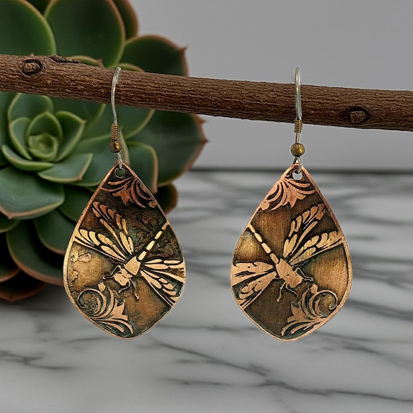 Etched Dragonfly Earrings: Rustic Antique Copper Patina (Flora & Fauna Collection)