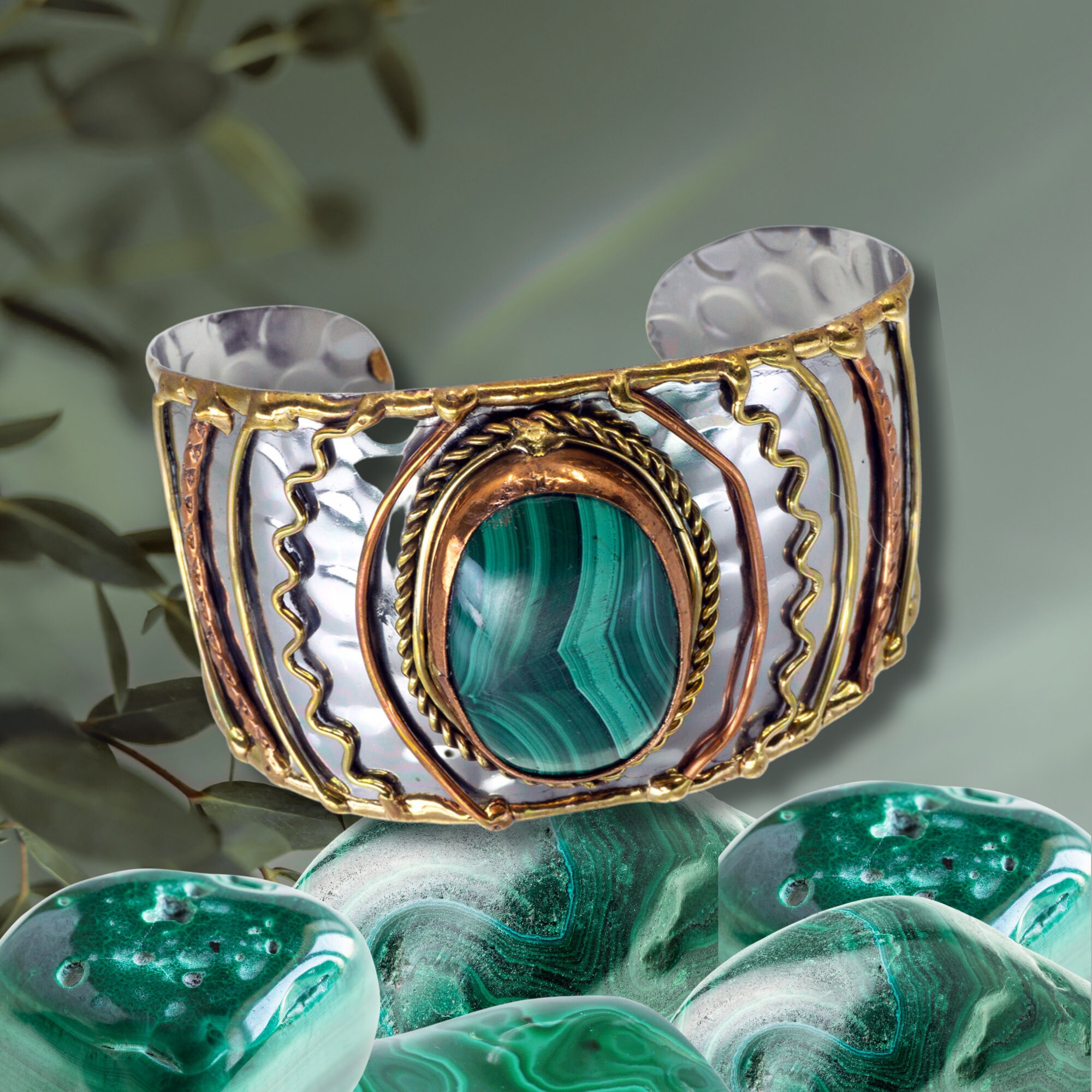 Chunky Mixed Metal Jewelry MALACHITE Gemstone Cuff Statement