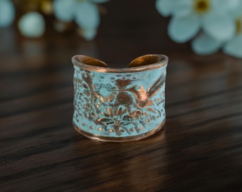 Solid Copper Hummingbird Cuff Ring -  LIGHT Verdigris Rustic Patina Hummingbird & Floral Design - Luxury CONCAVE Tapered Shape