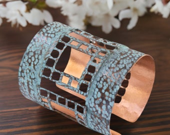 Luxury Solid Copper Statement Chunky Wide Cuff Bracelet, Antiqued Extra Wide Square Cutout Hammered Copper Cuff Bracelet, Men and Women