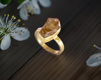 Raw Citrine Gemstone Ring: 24K Gold Overlay, Size 5.75