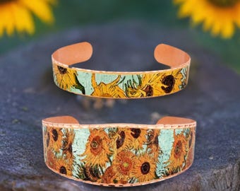 Handmade Copper Cuff Bracelet: Van Gogh Sunflowers Art Jewelry