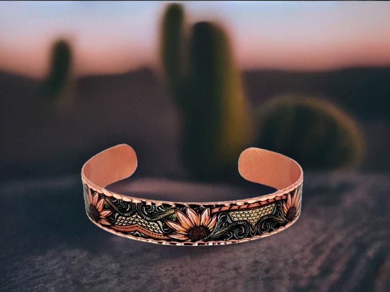 Western SUNFLOWERS Cuff Bracelet, Native Art Bracelet, Sunflower Jewelry, Floral Copper Art Cuff, Western Jewelry, Handmade Copper Cuff image 6