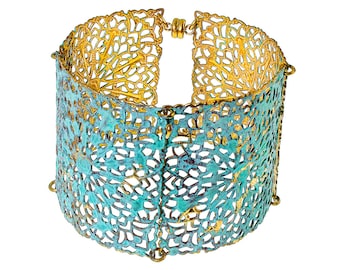 Patina Brass Filigree Cuff Bracelet: Magnetic Lacy Design