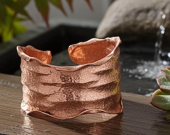 Copper Cuff Bracelet: Crinkled Torn Edge - Adjustable Crumpled Foil Style