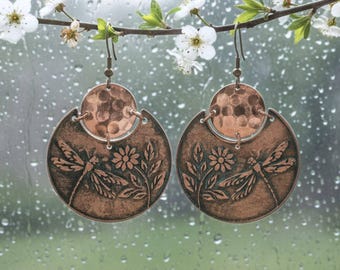 Flora & Fauna Copper Earrings, Dragonfly Split Circle Antique Copper Dangle Style