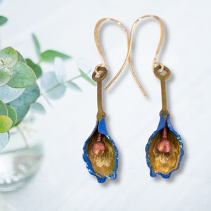 Botanical Earrings, Orchid Earrings, Mini Brass Flower Earrings, Hand Painted Colorful Earrings,  2 Colors, OOAK Earrings, Lot 3-Blue Backs