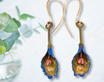 Botanical Earrings, Orchid Earrings, Mini Brass Flower Earrings, Hand Painted Colorful Earrings,  2 Colors, OOAK Earrings, Lot 3-Blue Backs