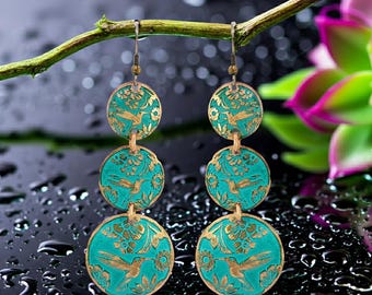 Verdigris Patina Copper Hummingbird Earrings: Etched Graduated 3-Tier Drop